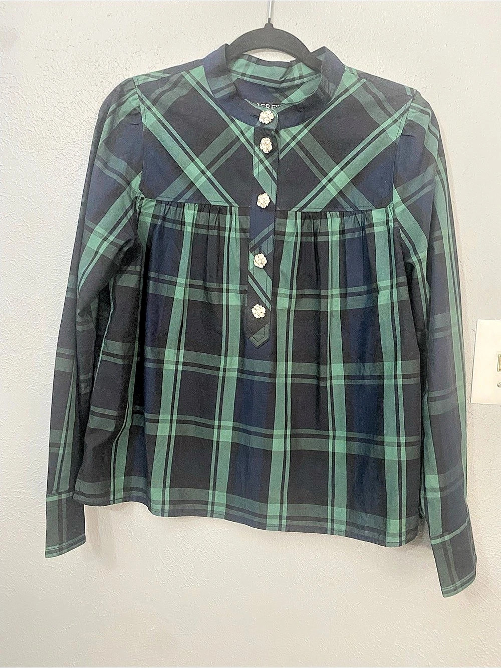 J.Crew Classic-fit ruffleneck popover in Black Watch tartan with jewel buttons